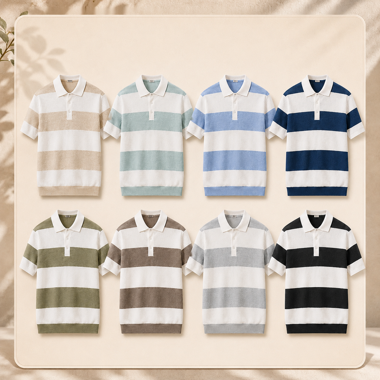 Men's Striped Ribbed Knit Polo Shirt Set