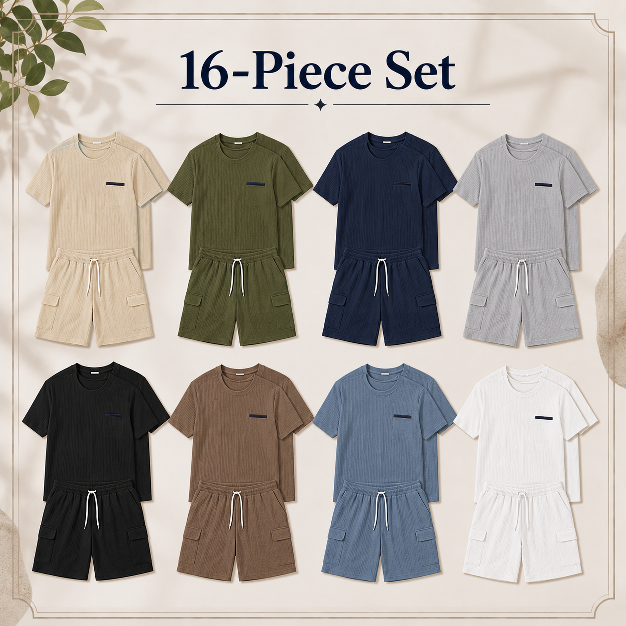 Men's waffle textured T-shirt and cargo shorts mixed 16-piece set