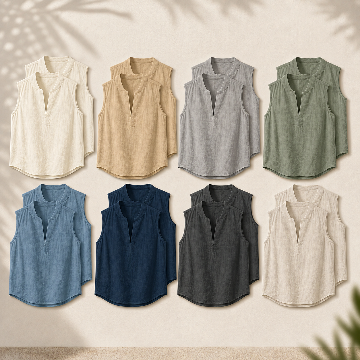 Men's Sleeveless Split-Neck Linen-Look Shirt Set