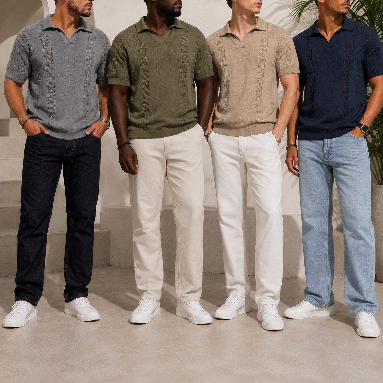 Men's textured knit polo group photo