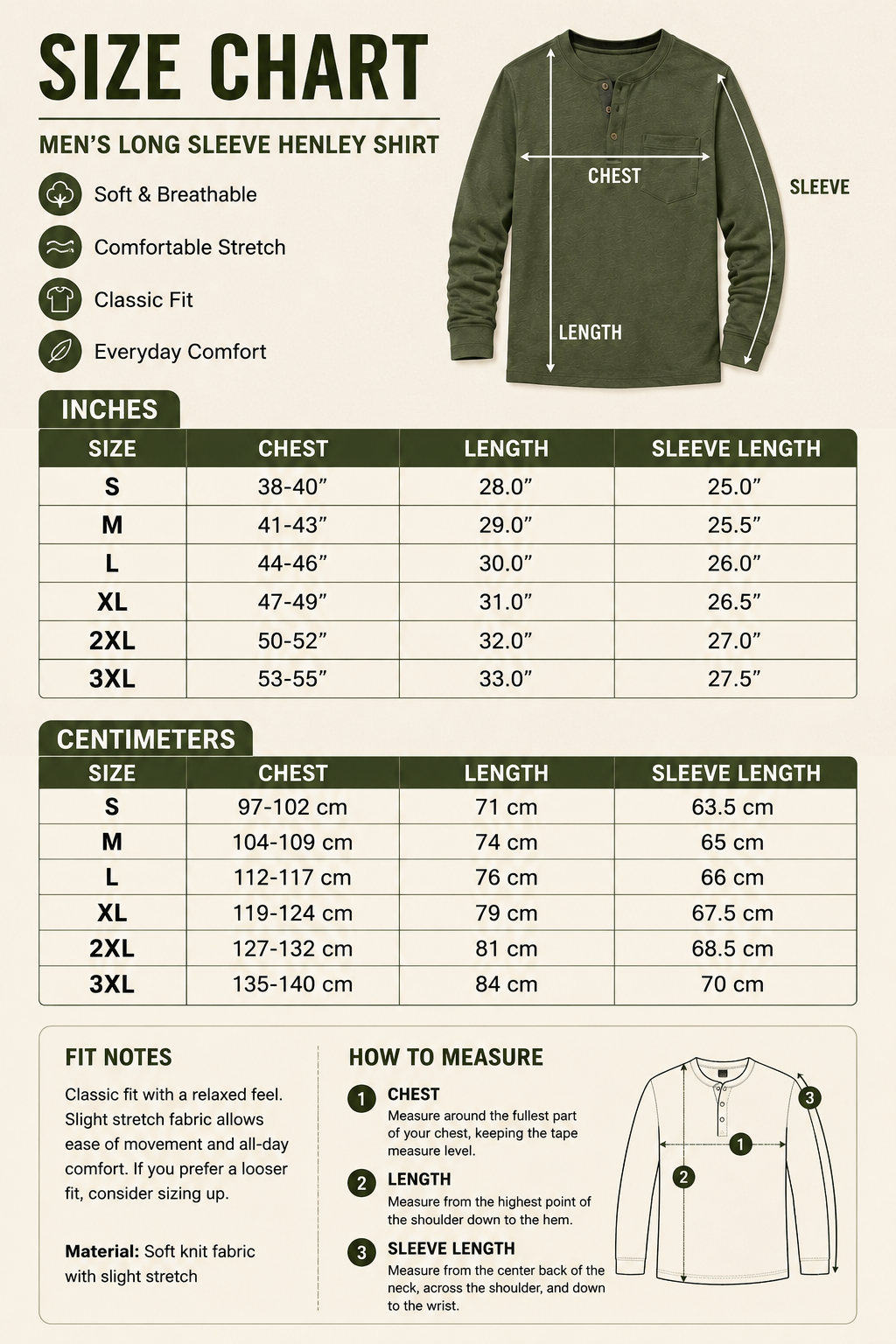 Men's textured henley shirt size guide