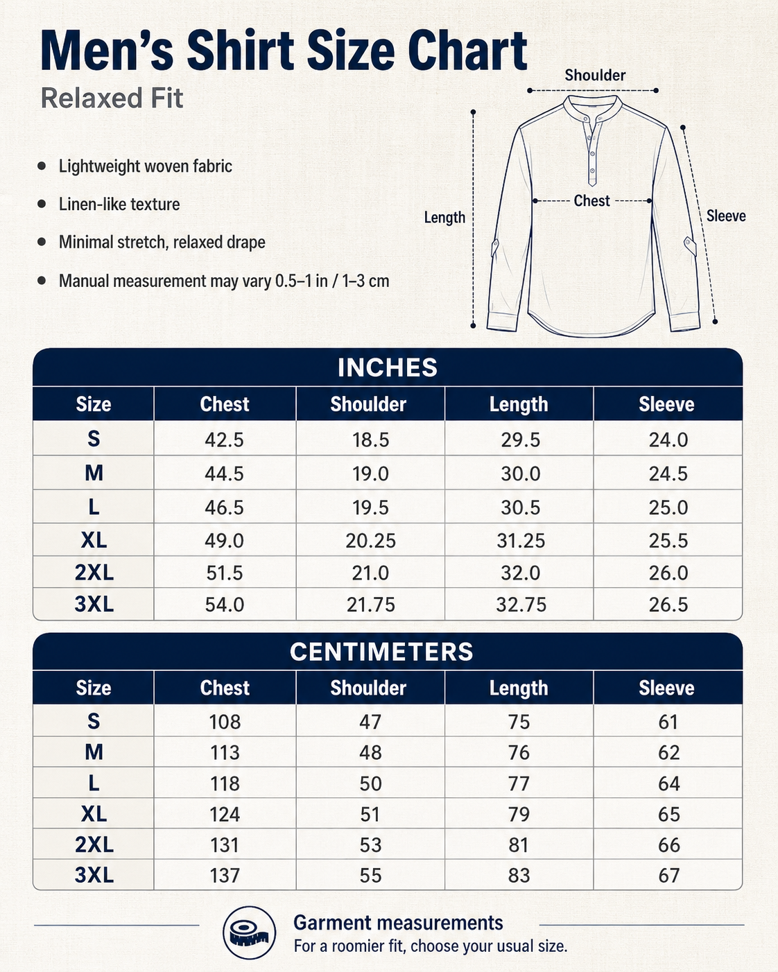Men's shirt size chart