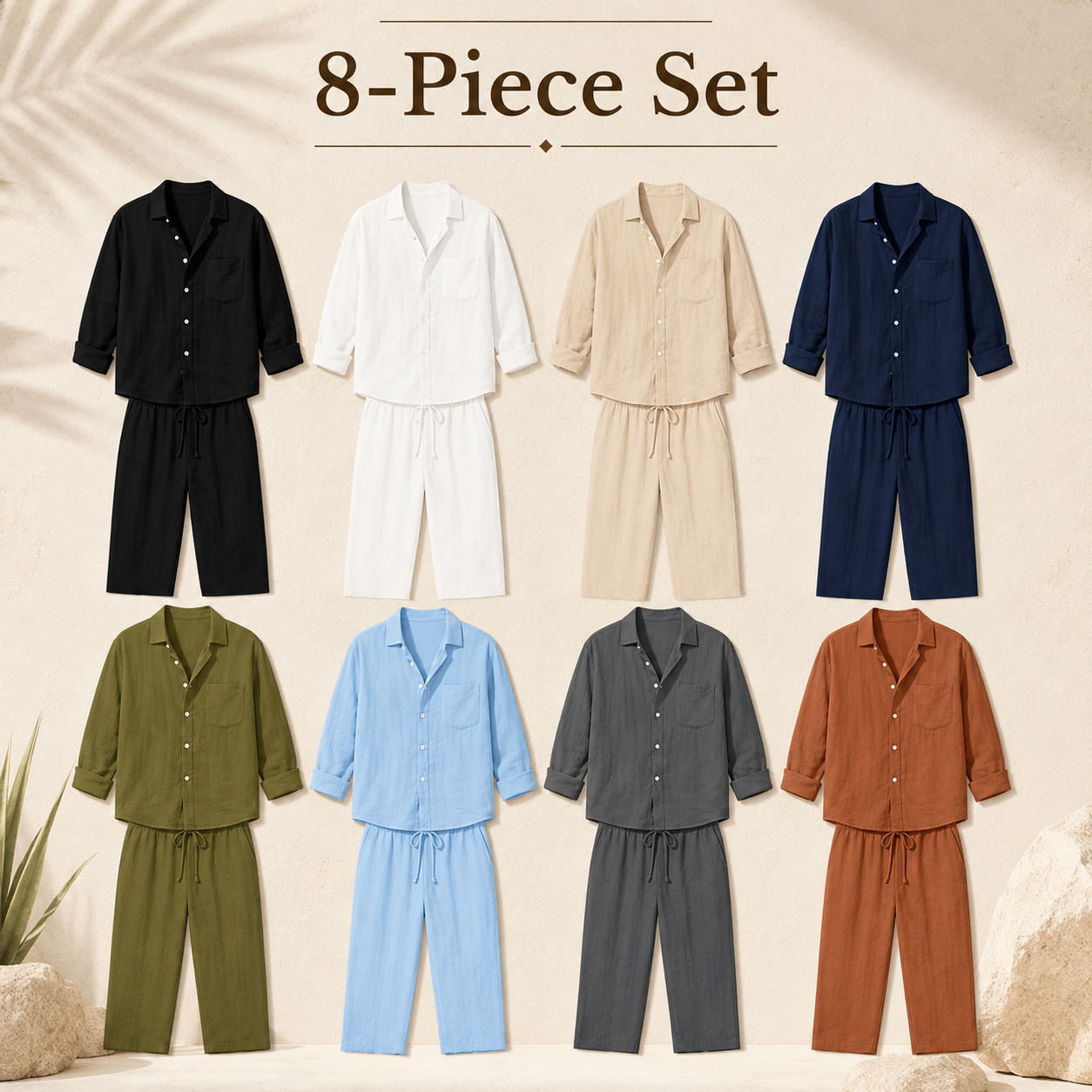 Mixed 8-Pack men's textured resort shirt and pants set