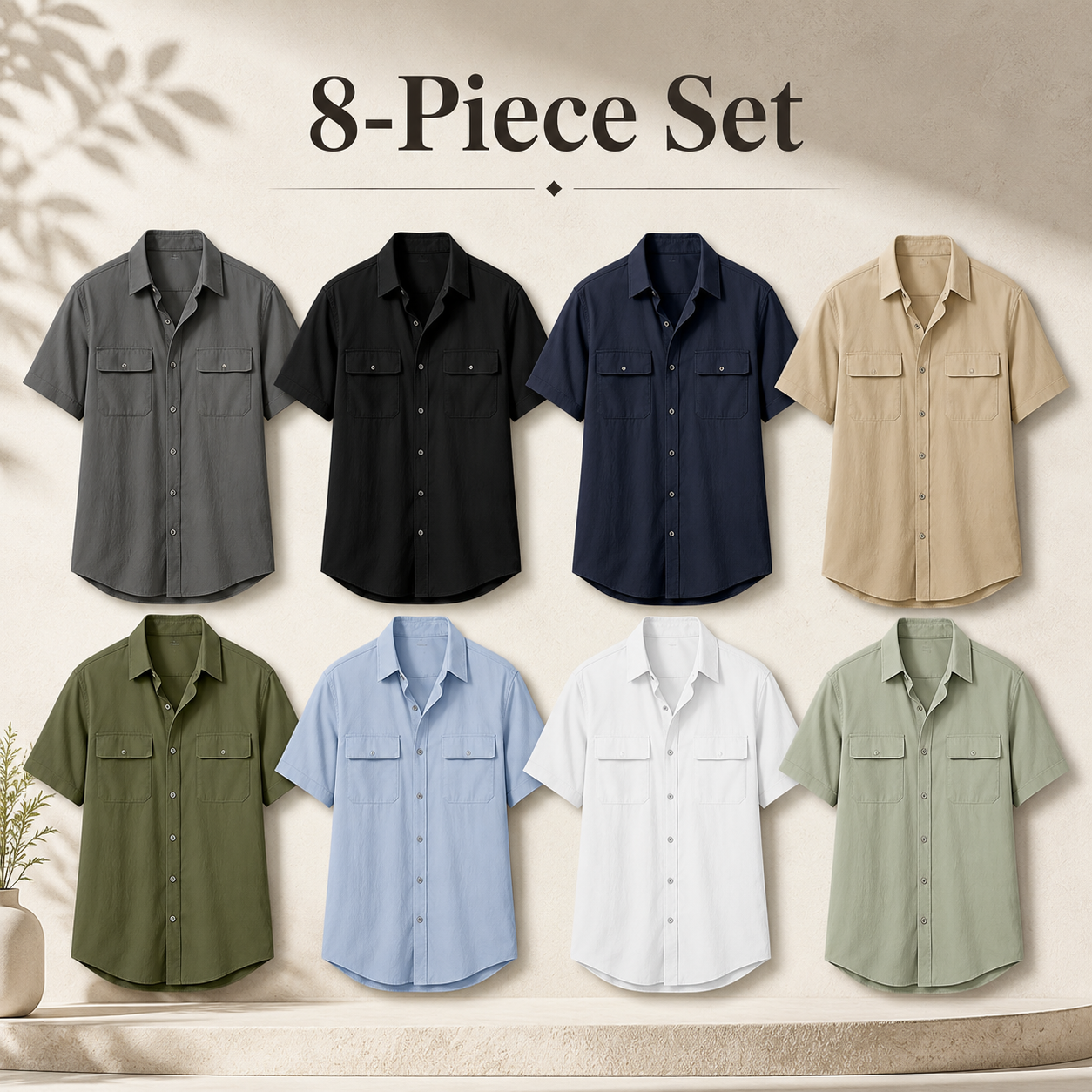 Mixed 8-piece set of men's short sleeve utility button-up shirts