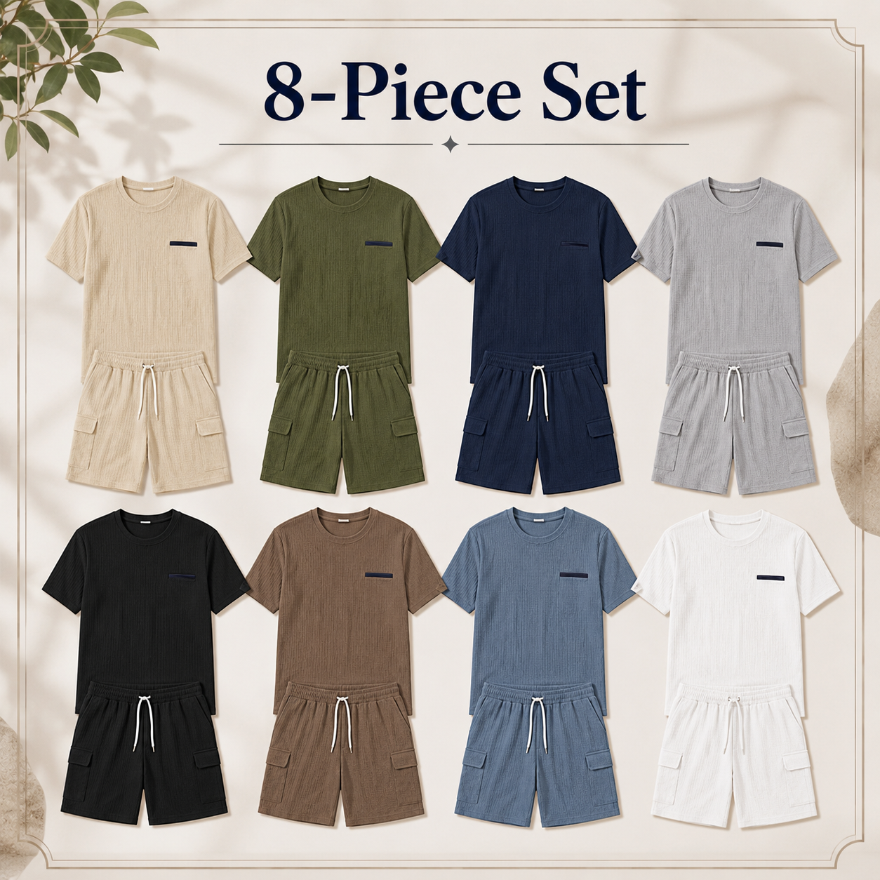 Men's waffle textured T-shirt and cargo shorts mixed 8-piece set