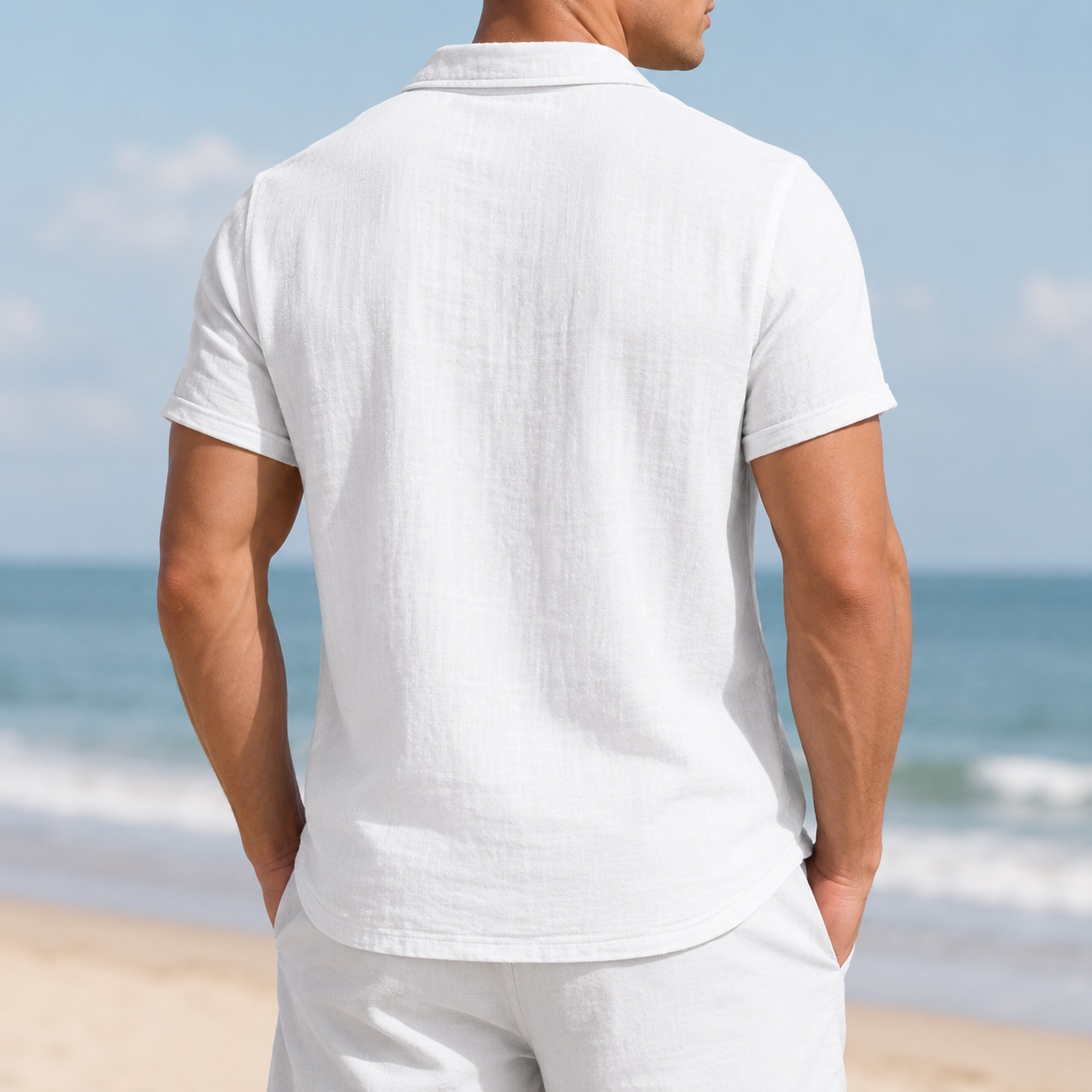 Men's soft white textured polo shirt back view