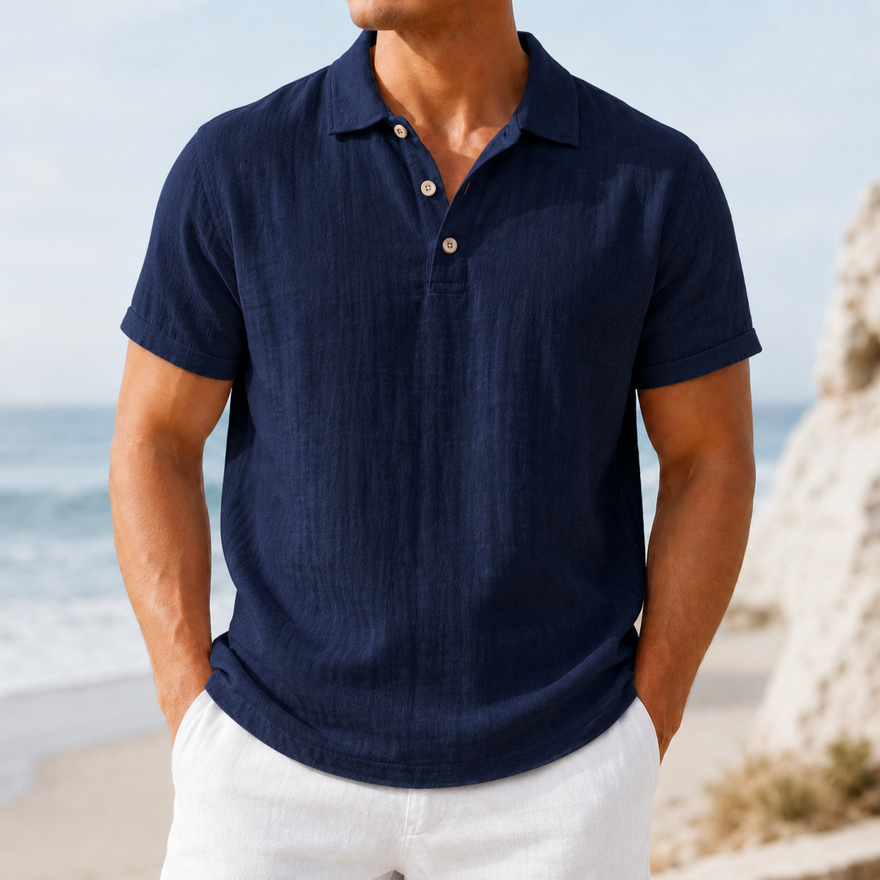Men's navy blue textured polo shirt