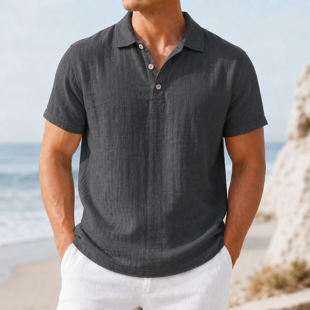 Men's charcoal gray textured polo shirt
