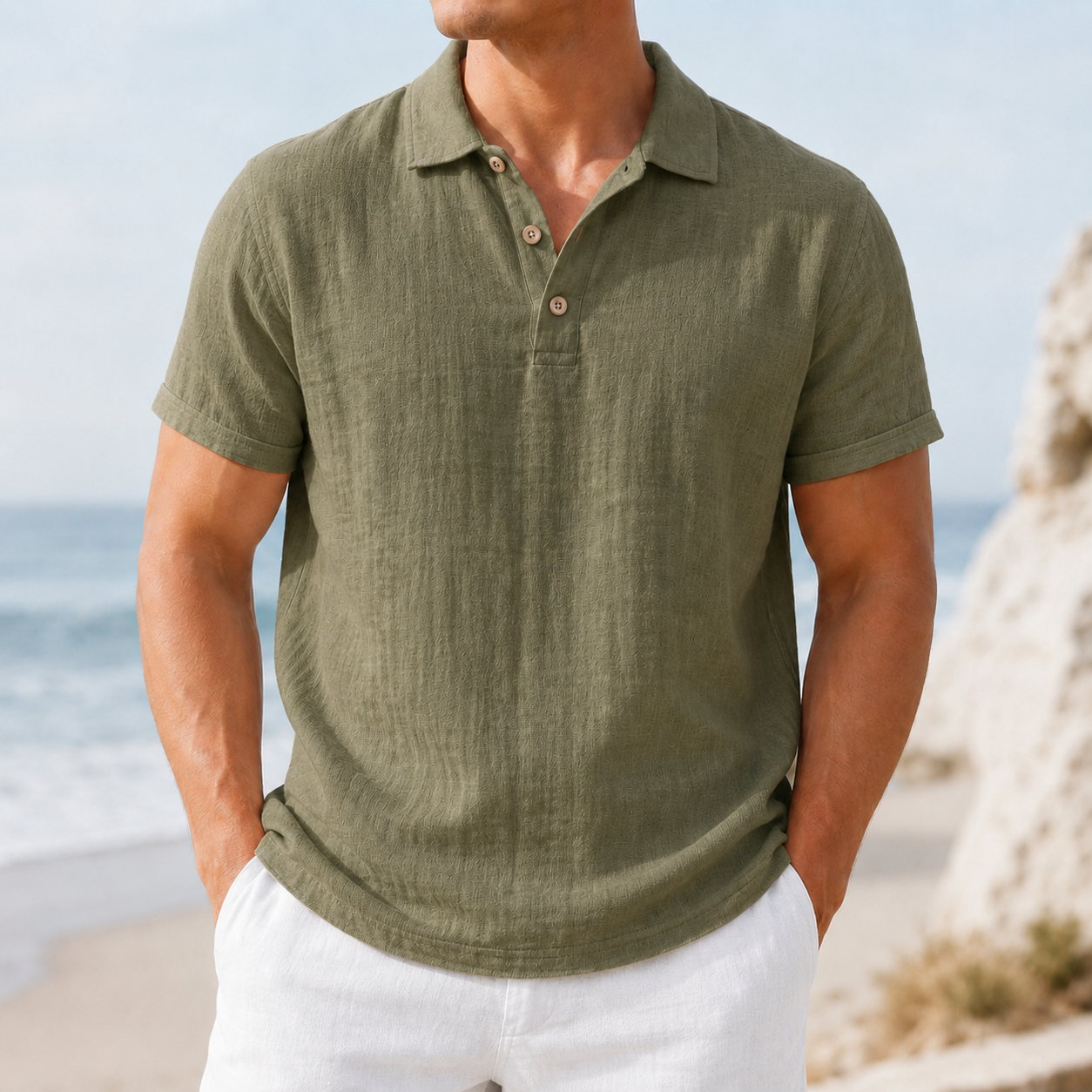 Men's olive khaki textured polo shirt