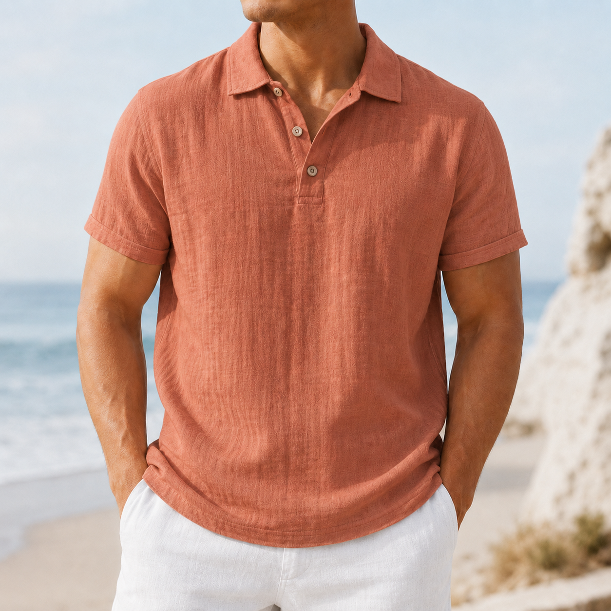 Men's terracotta textured polo shirt