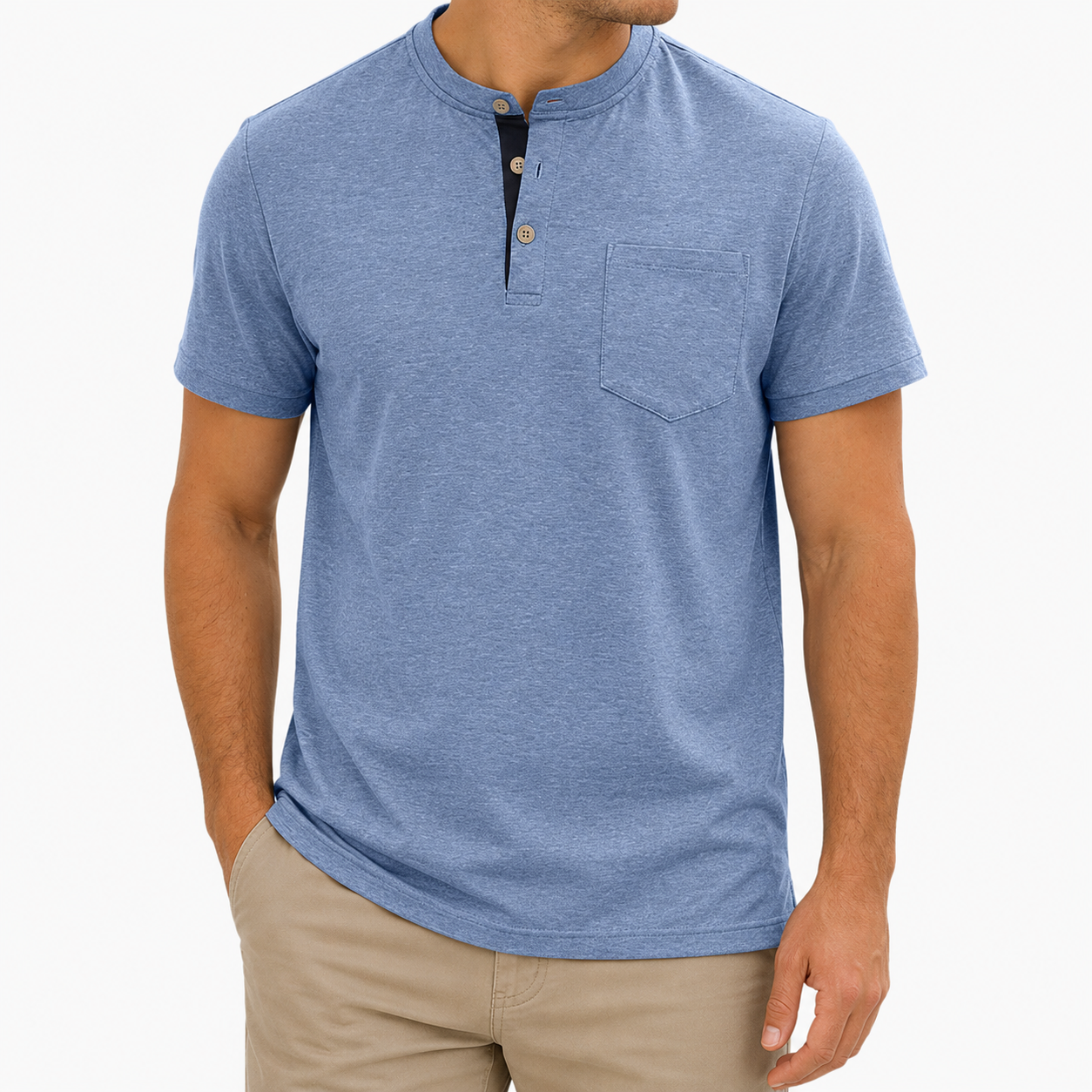 Heather Blue Henley T-shirt front view