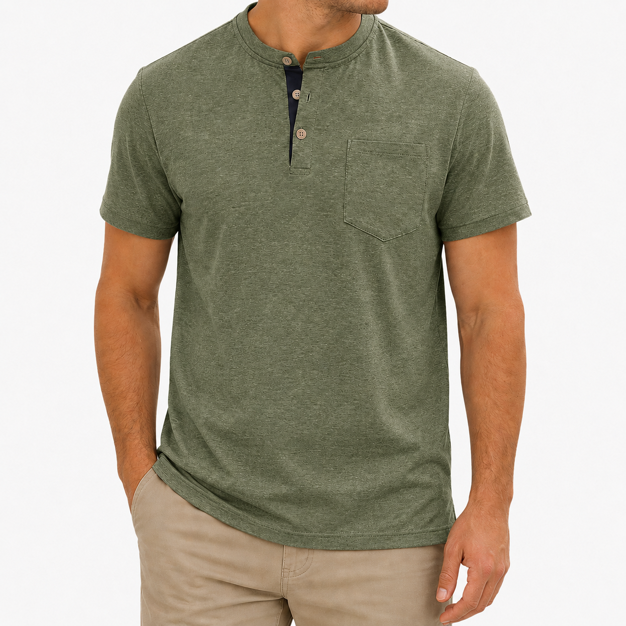 Olive Heather Henley T-shirt front view