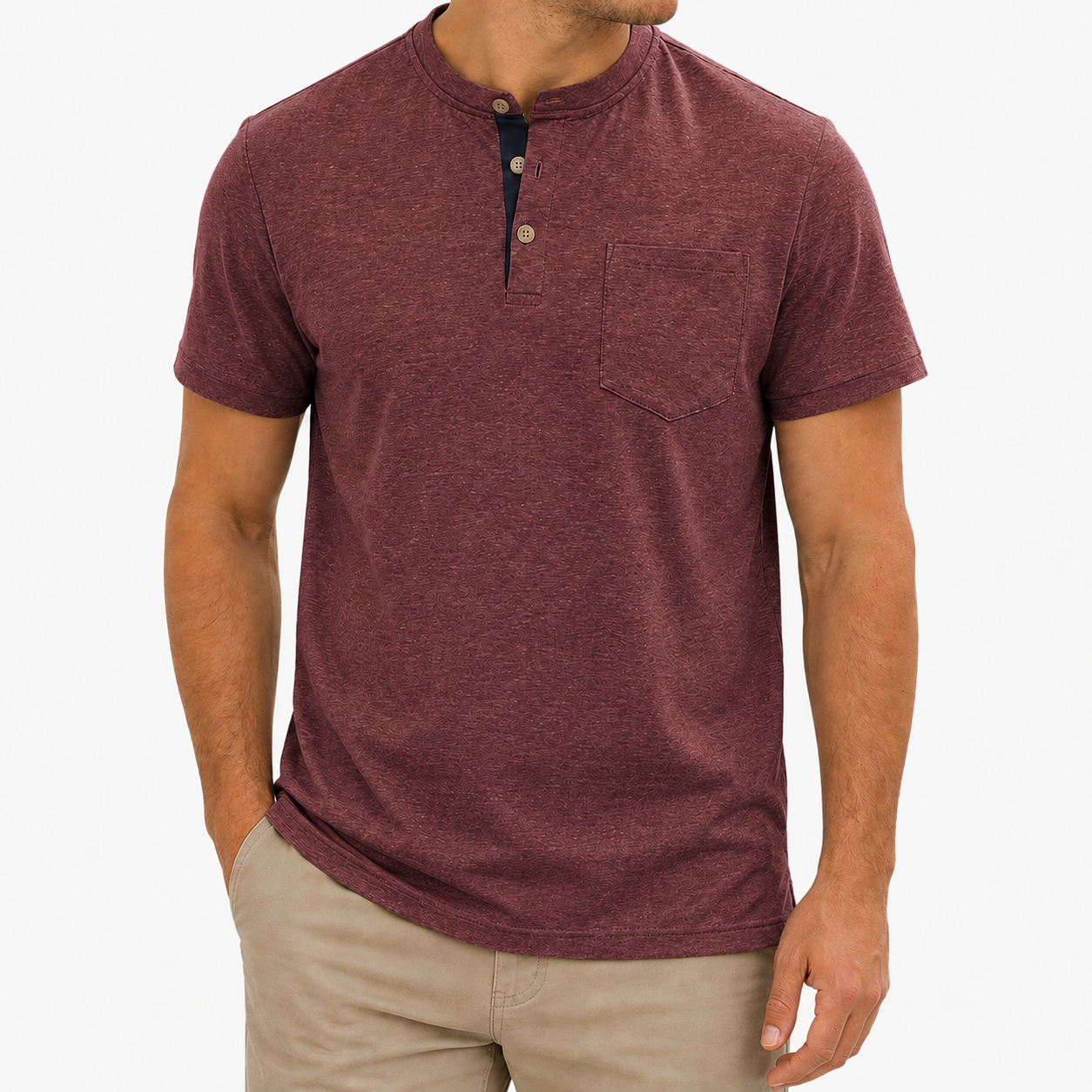 Burgundy Heather Henley T-shirt front view