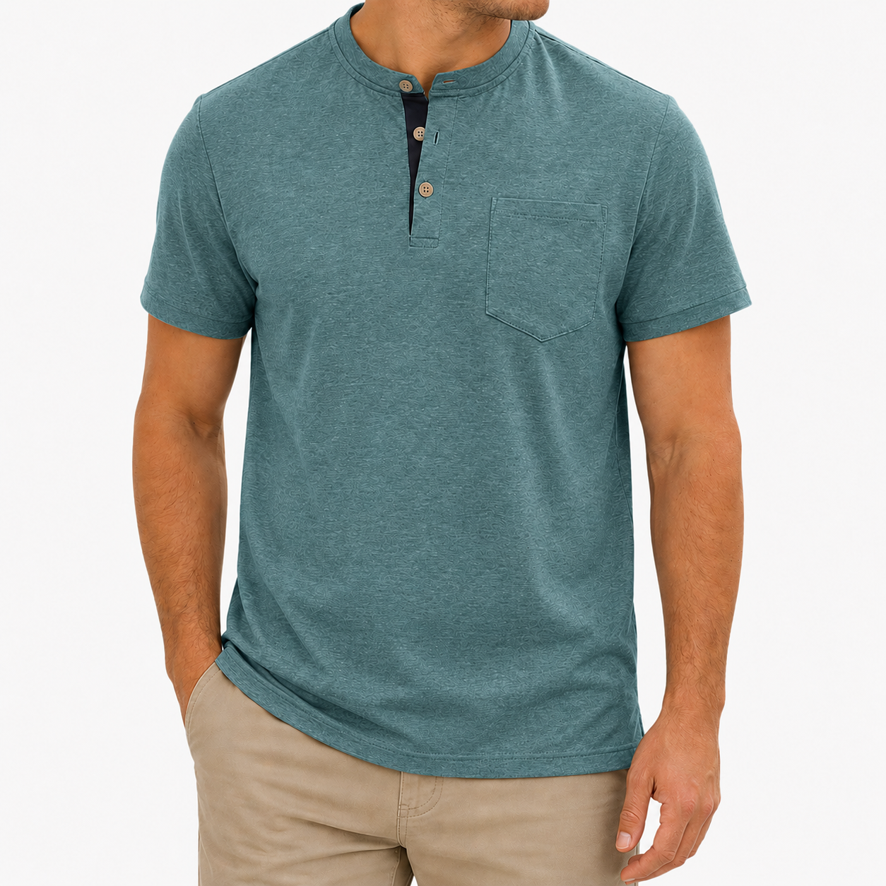 Dusty Teal Heather Henley T-shirt front view