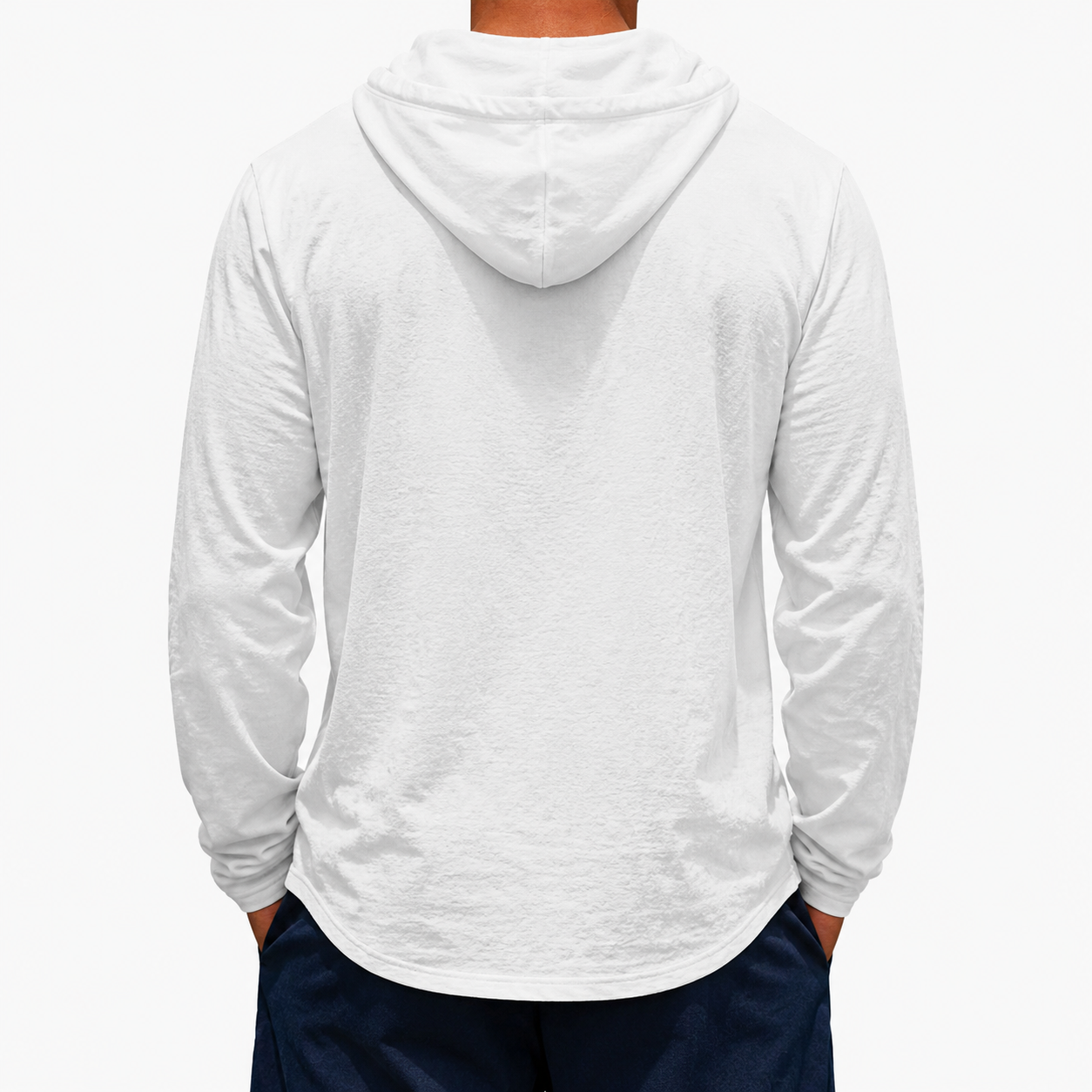 White men's hooded button-up shirt back view