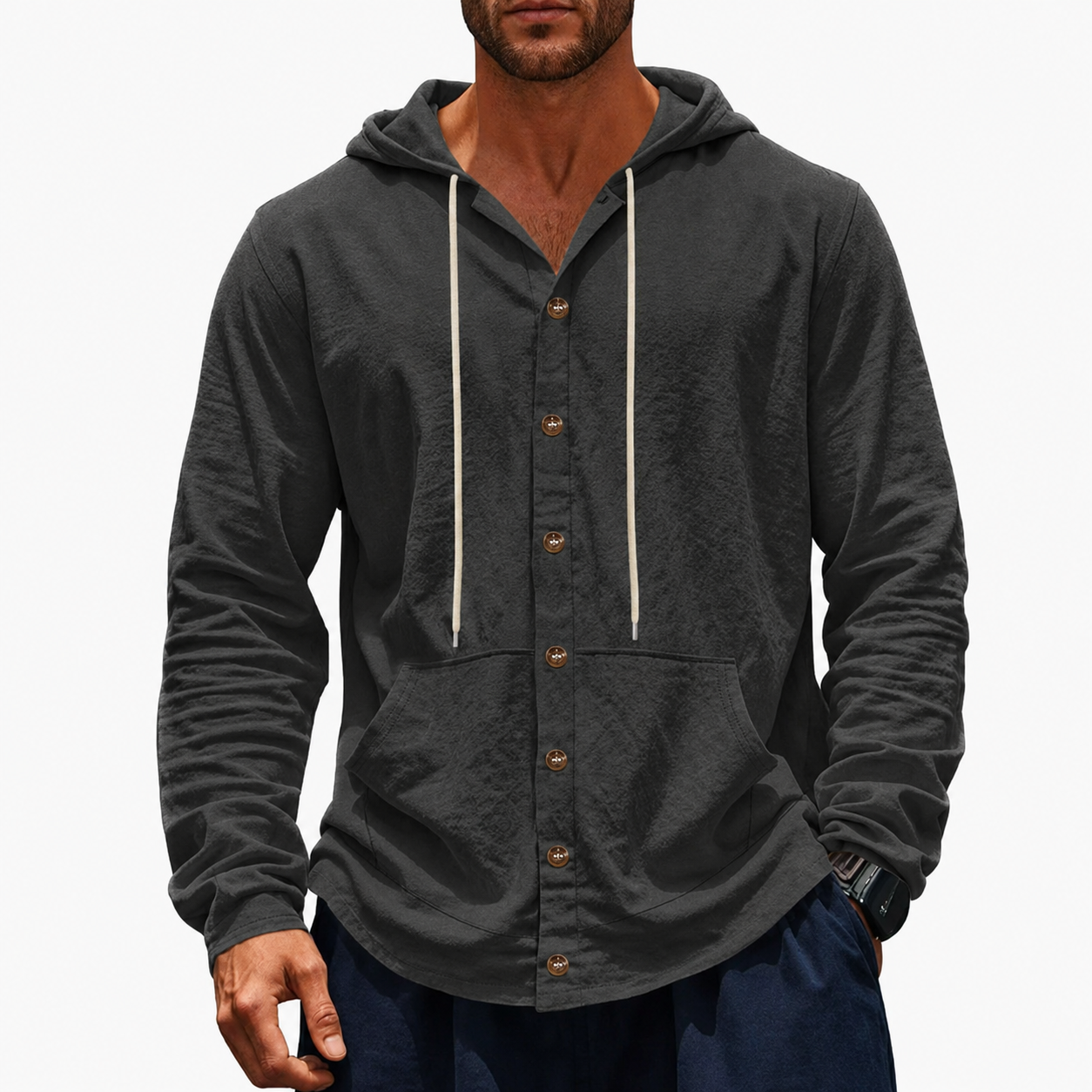 Charcoal men's hooded button-up shirt