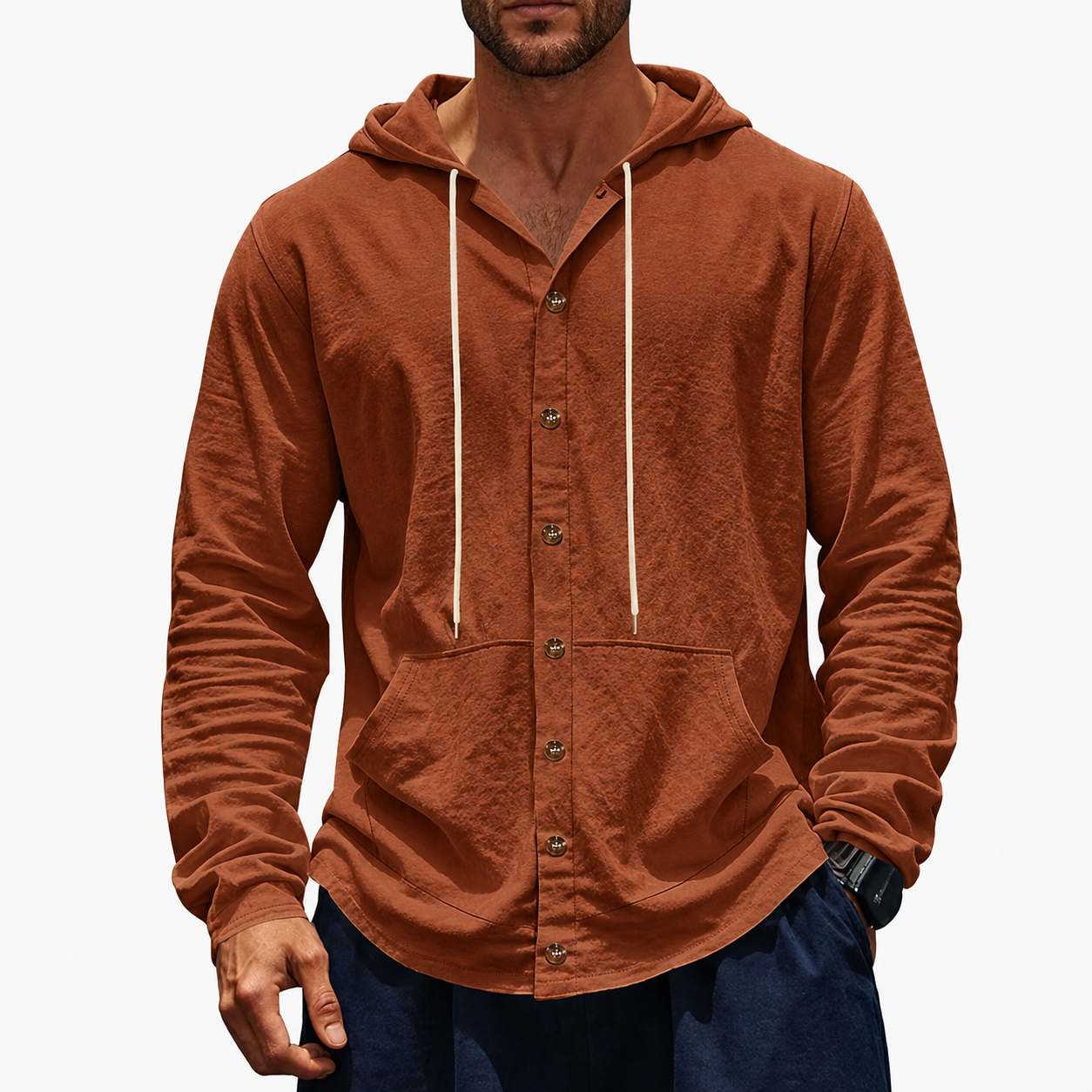 Rust Brown men's hooded button-up shirt