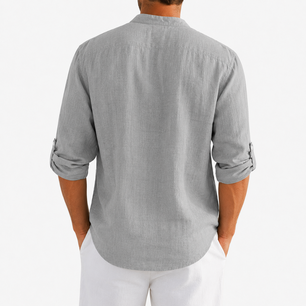 Back view of light gray textured band collar shirt