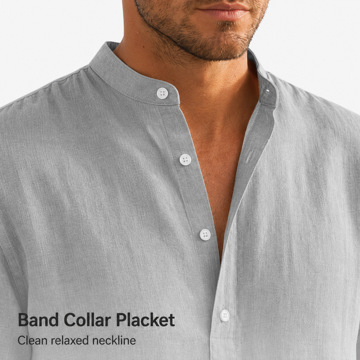 Band collar and partial button placket detail