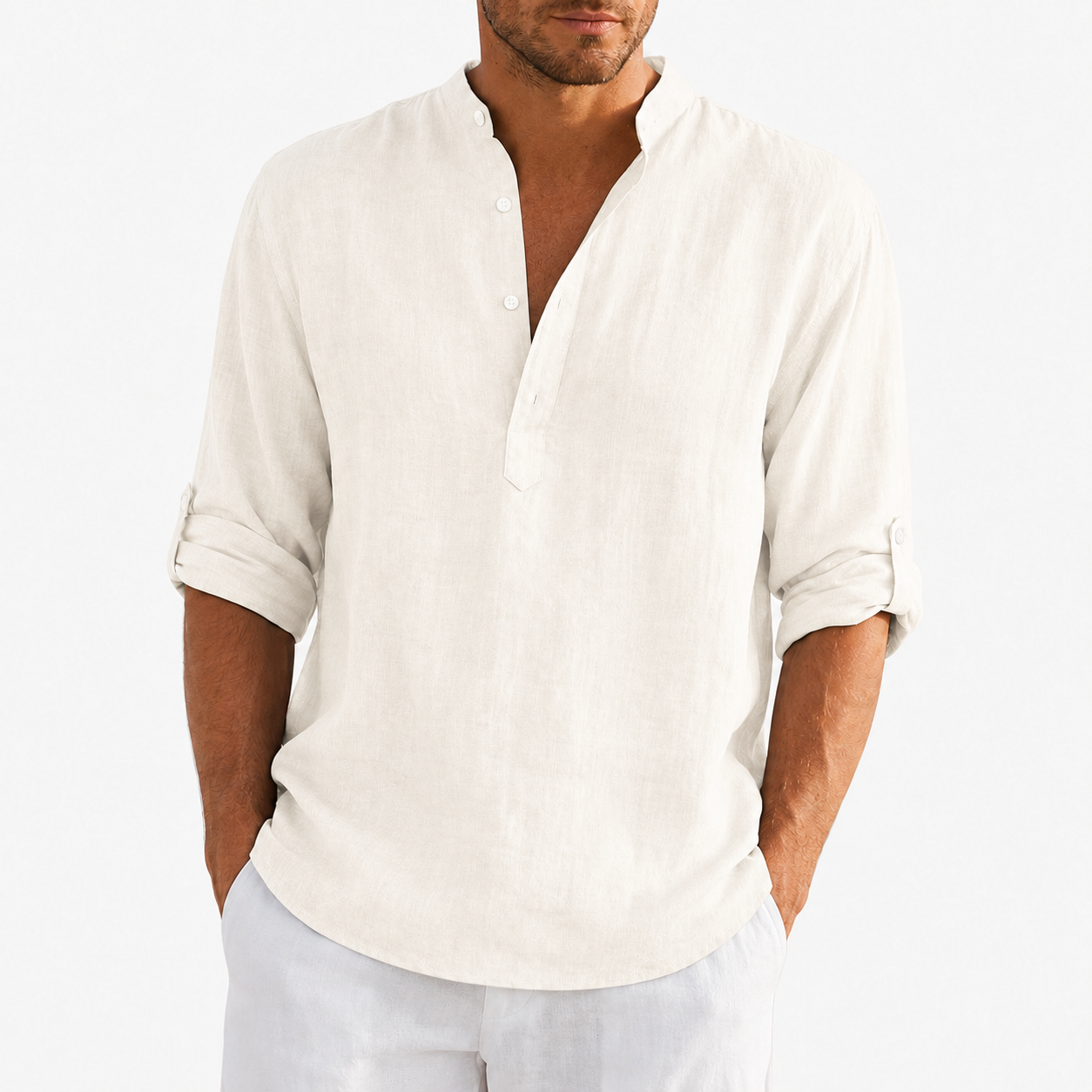 Natural white men's textured band collar shirt