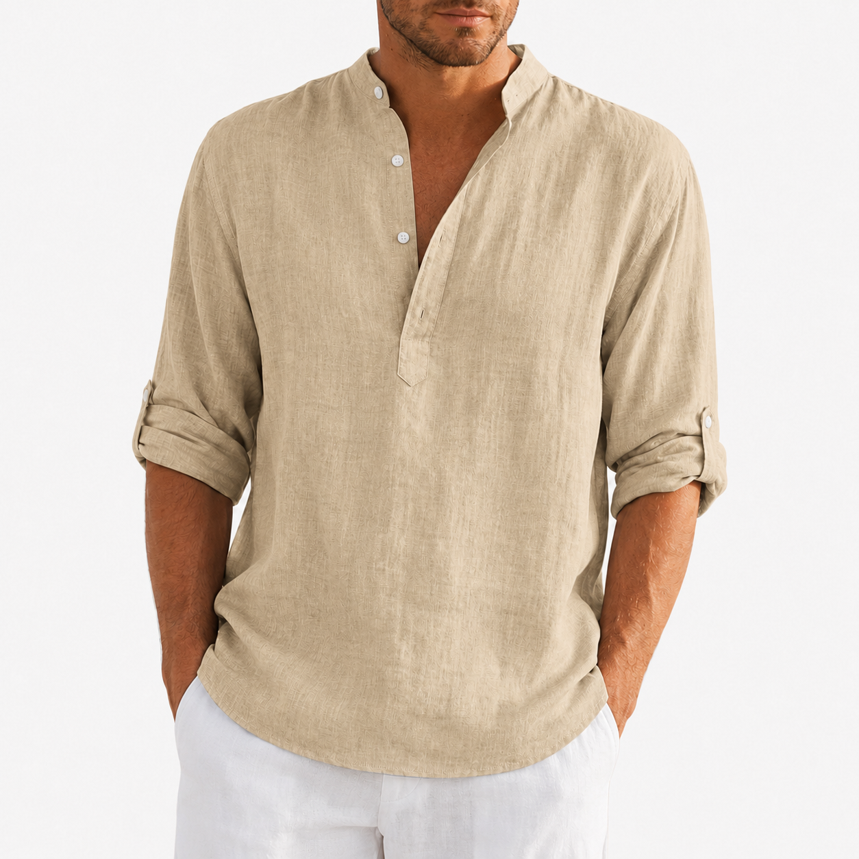 Sand beige men's textured band collar shirt