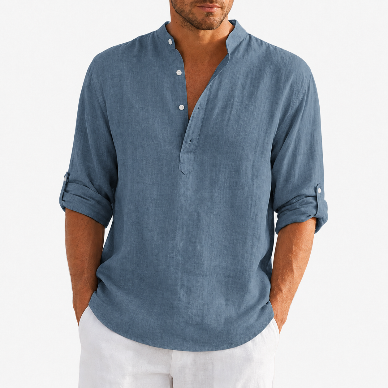 Slate blue men's textured band collar shirt