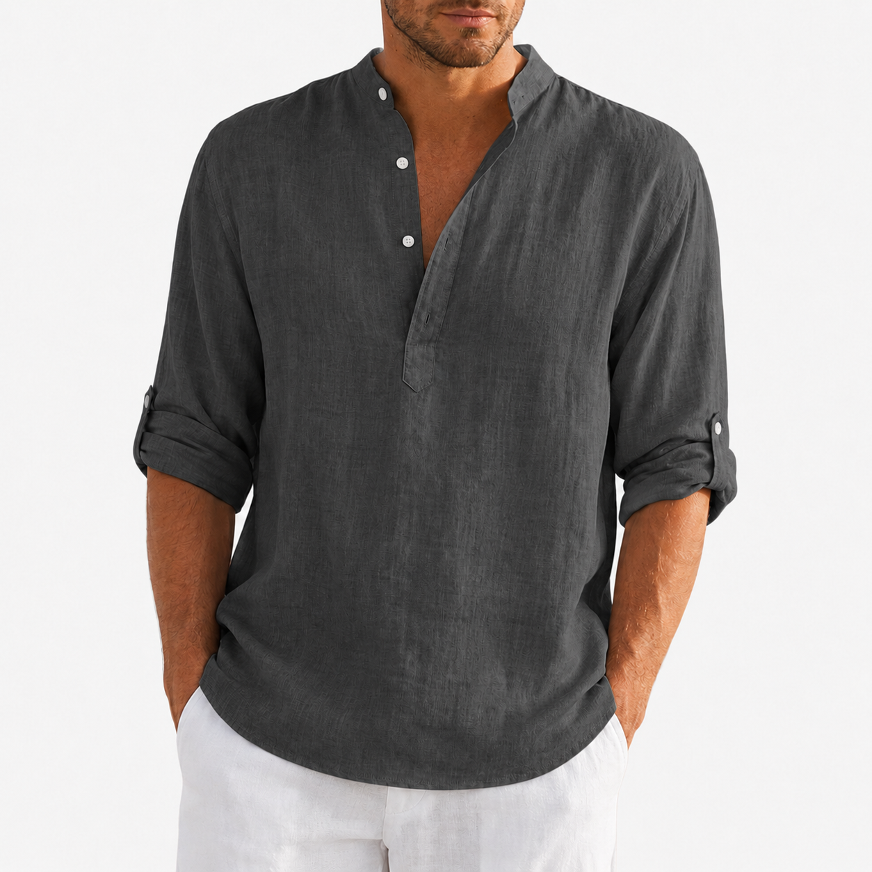 Charcoal gray men's textured band collar shirt