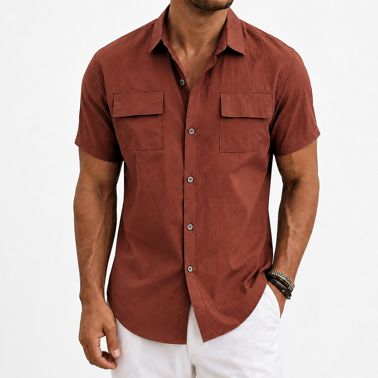 Brick red men's utility button-up shirt front view