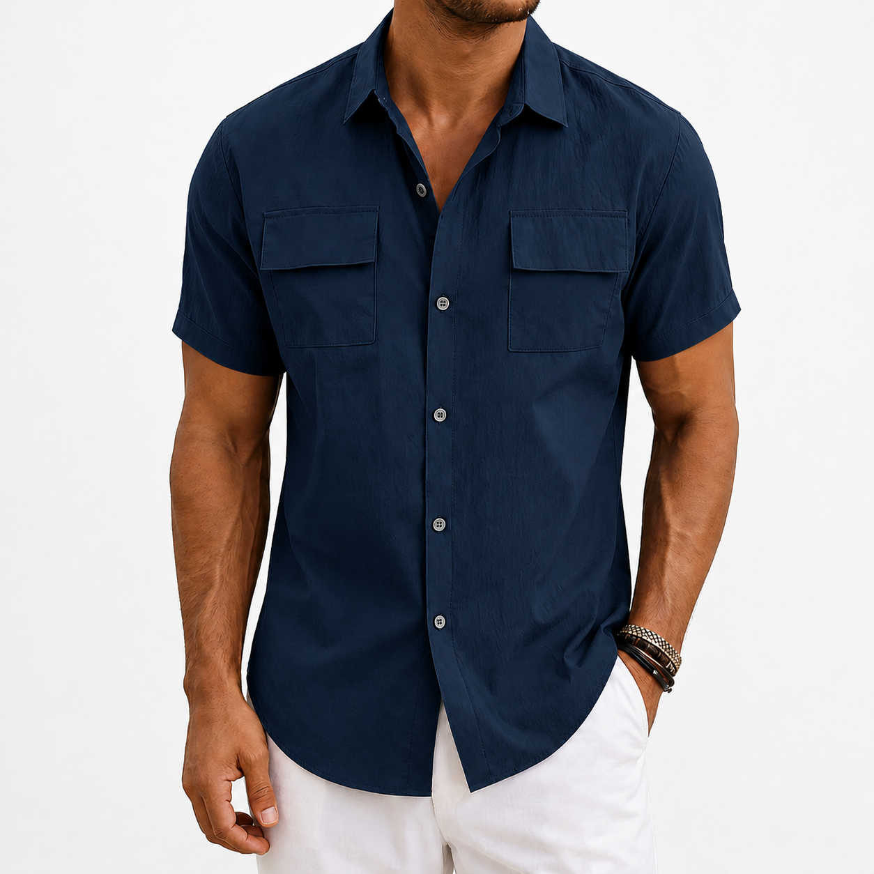 Navy blue men's utility button-up shirt front view