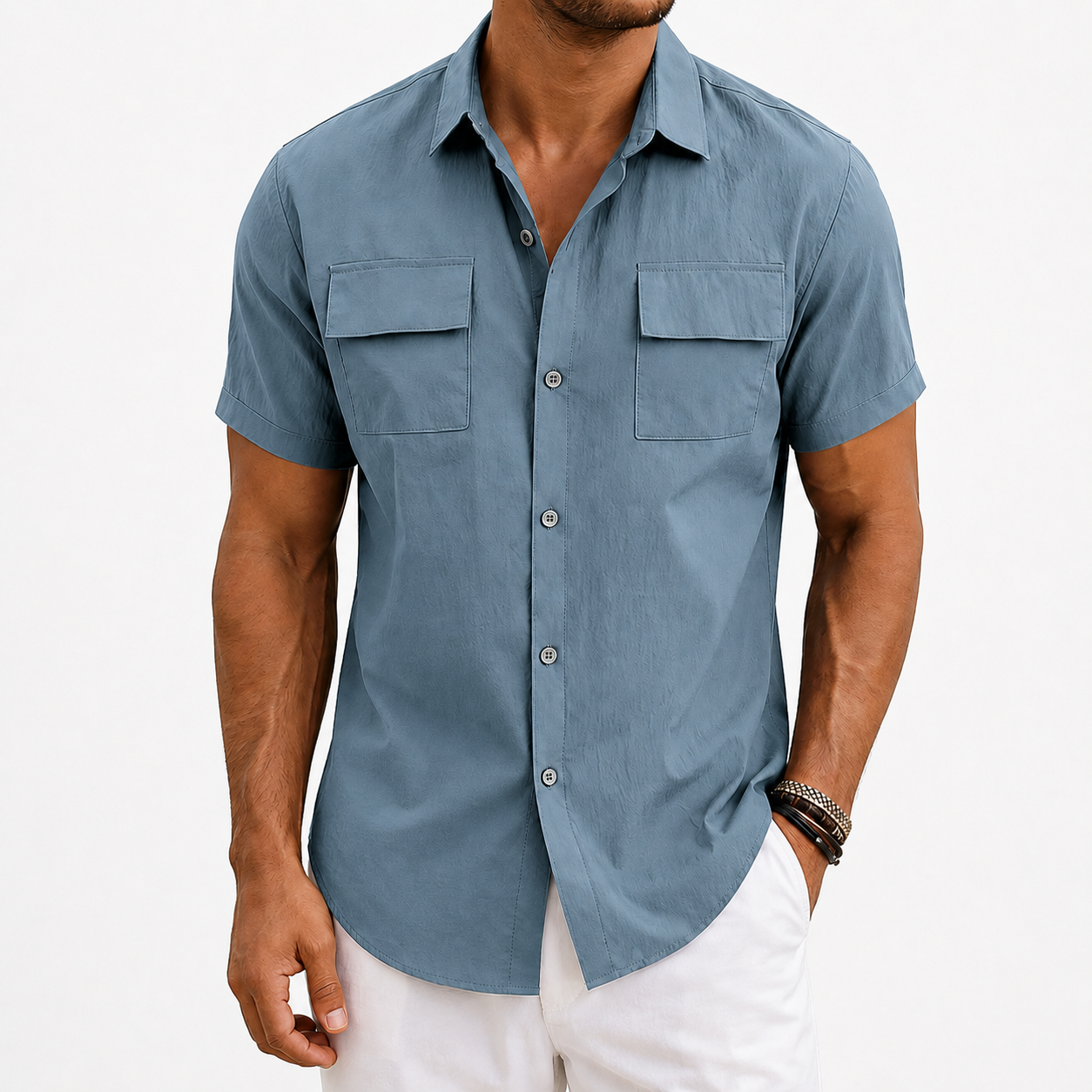 Dusty blue men's utility button-up shirt front view