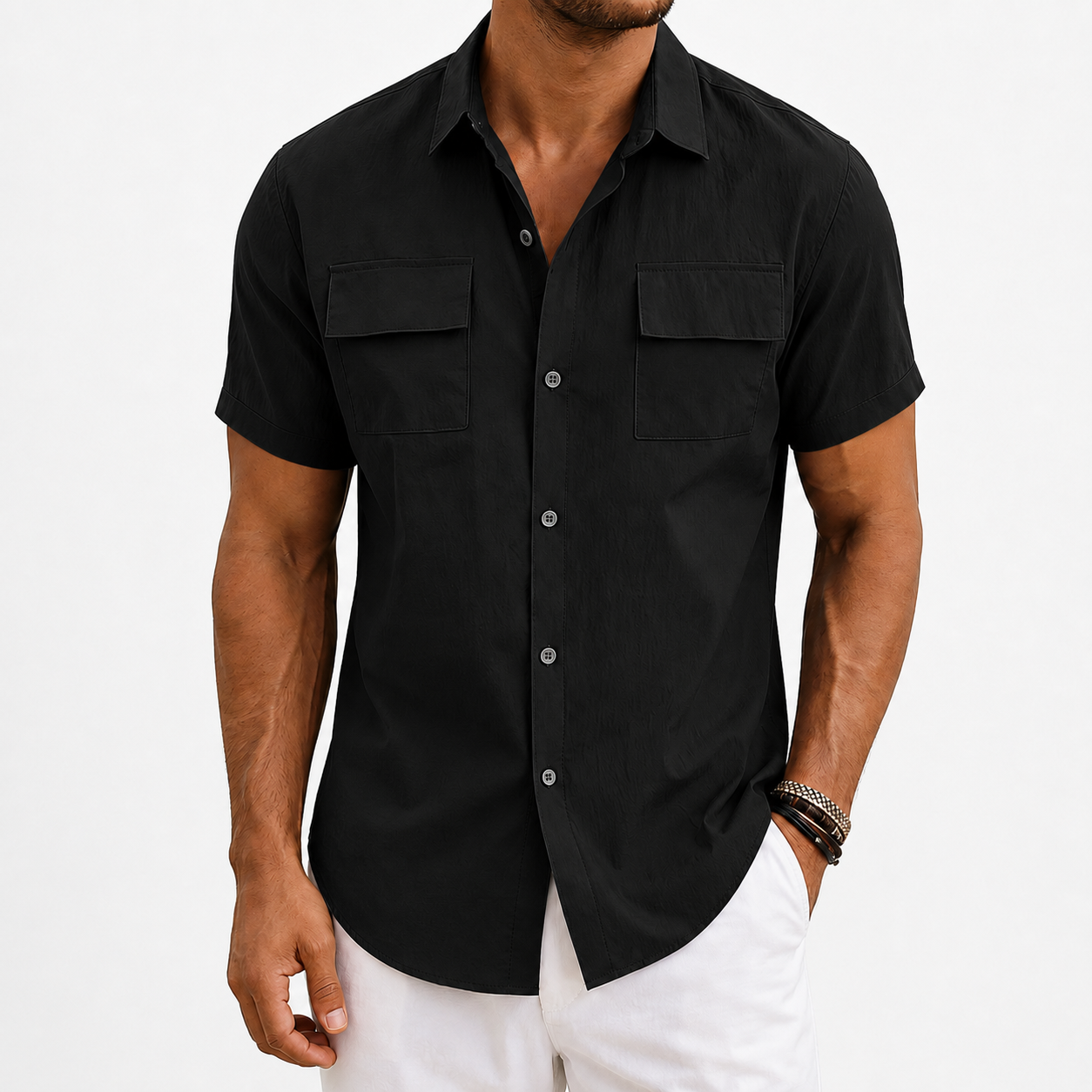Black men's utility button-up shirt front view