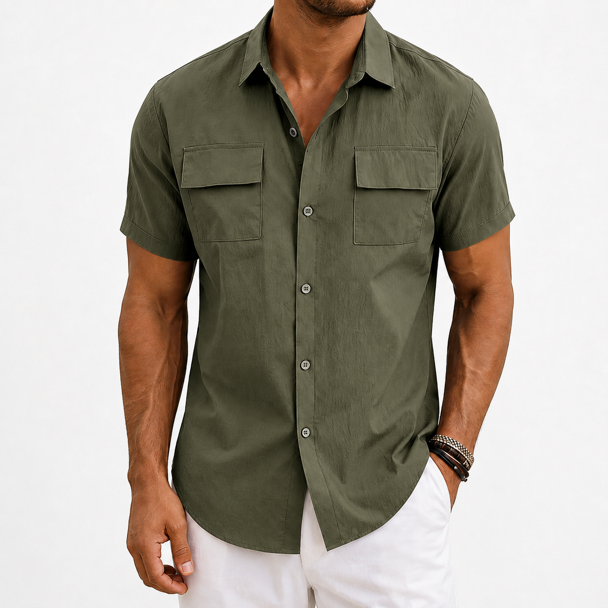 Olive green men's utility button-up shirt front view