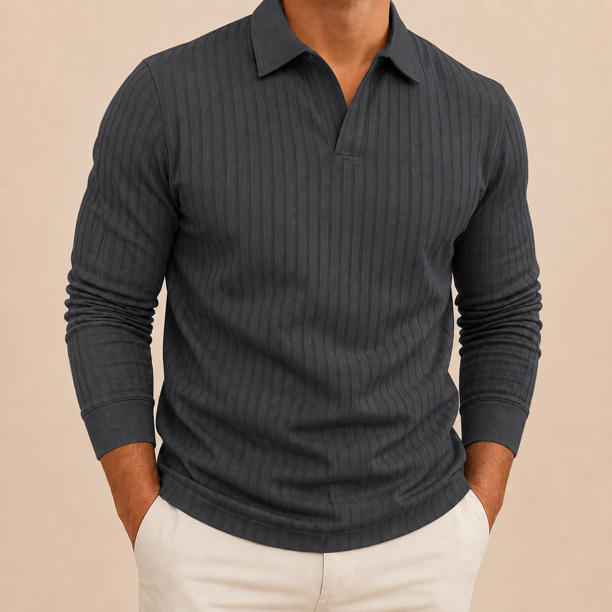 Charcoal gray men's ribbed long sleeve polo shirt