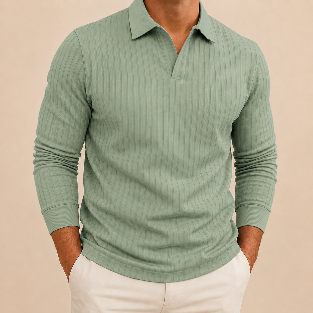 Sage green men's ribbed long sleeve polo shirt