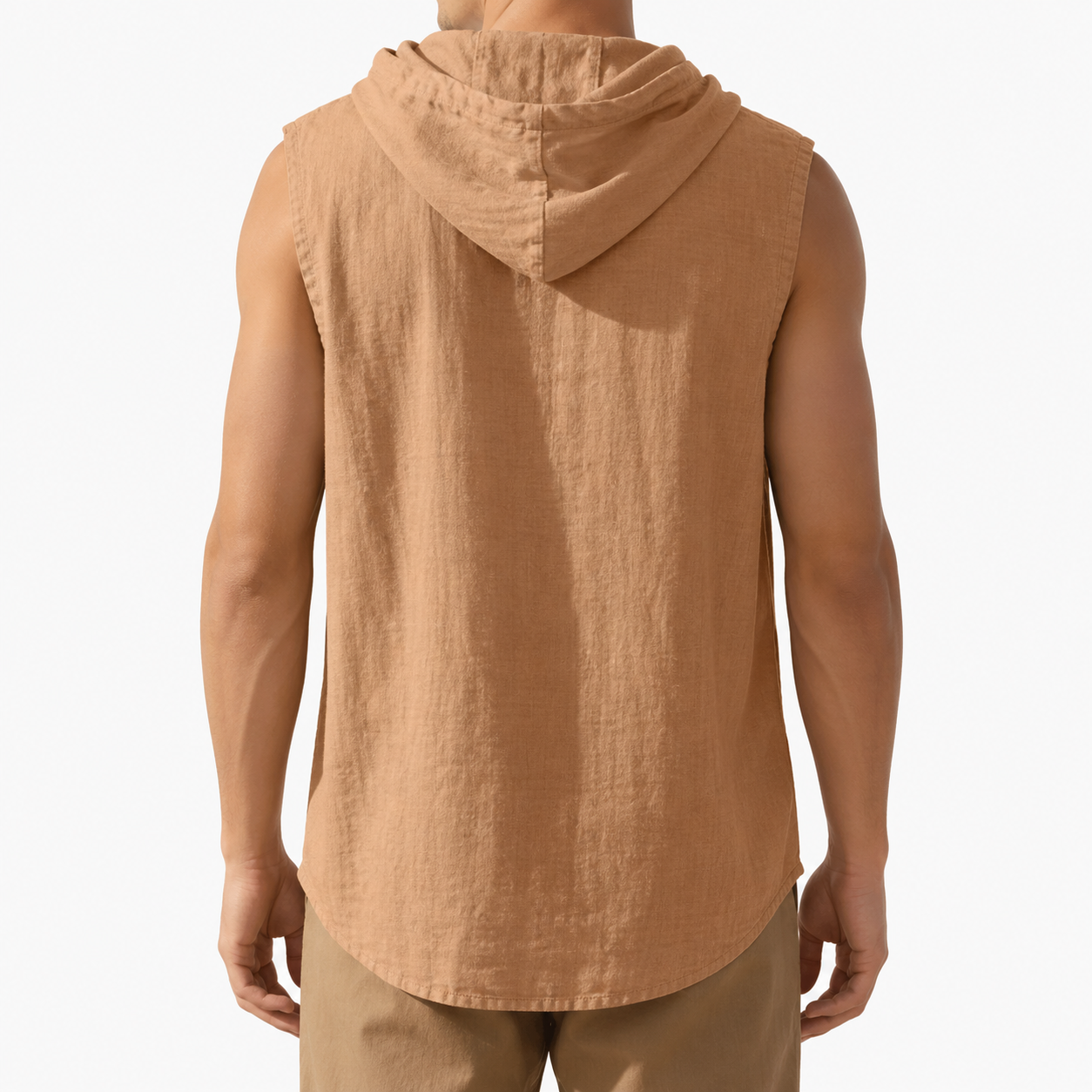 Camel tan men's sleeveless hooded button-up shirt back view