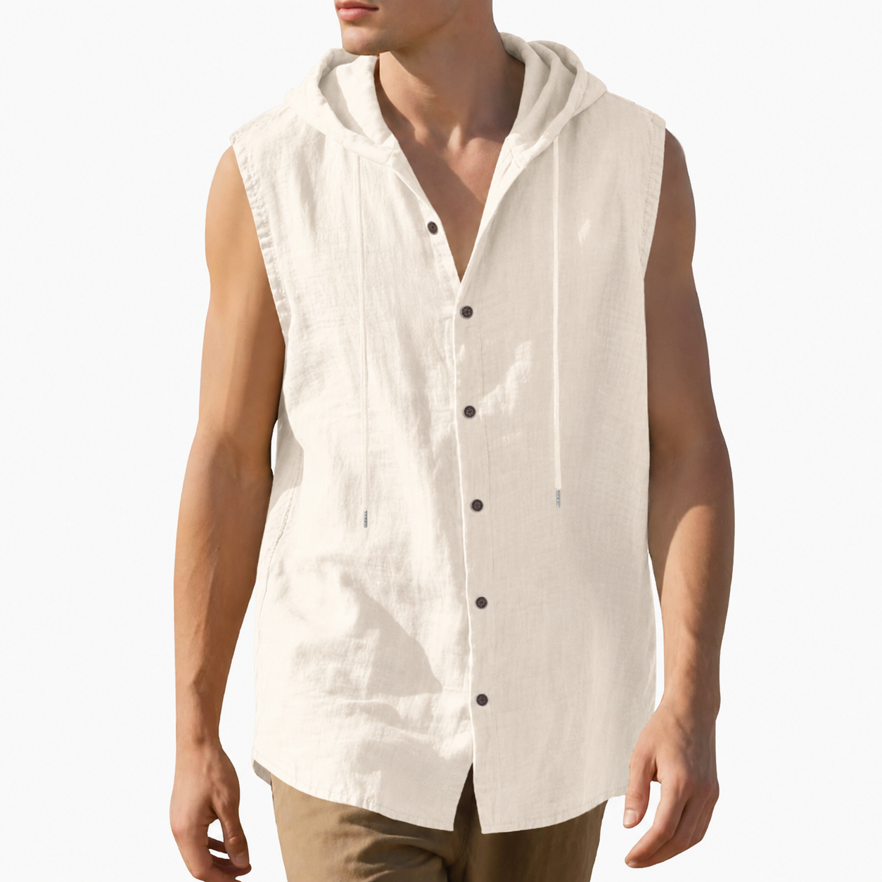 Ivory white men's sleeveless hooded button-up shirt