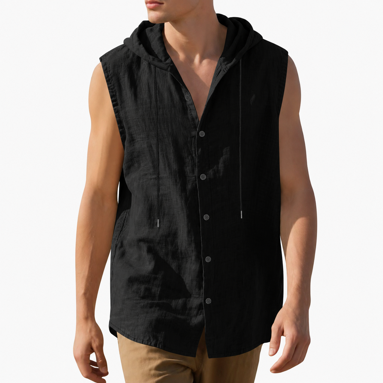 Jet black men's sleeveless hooded button-up shirt