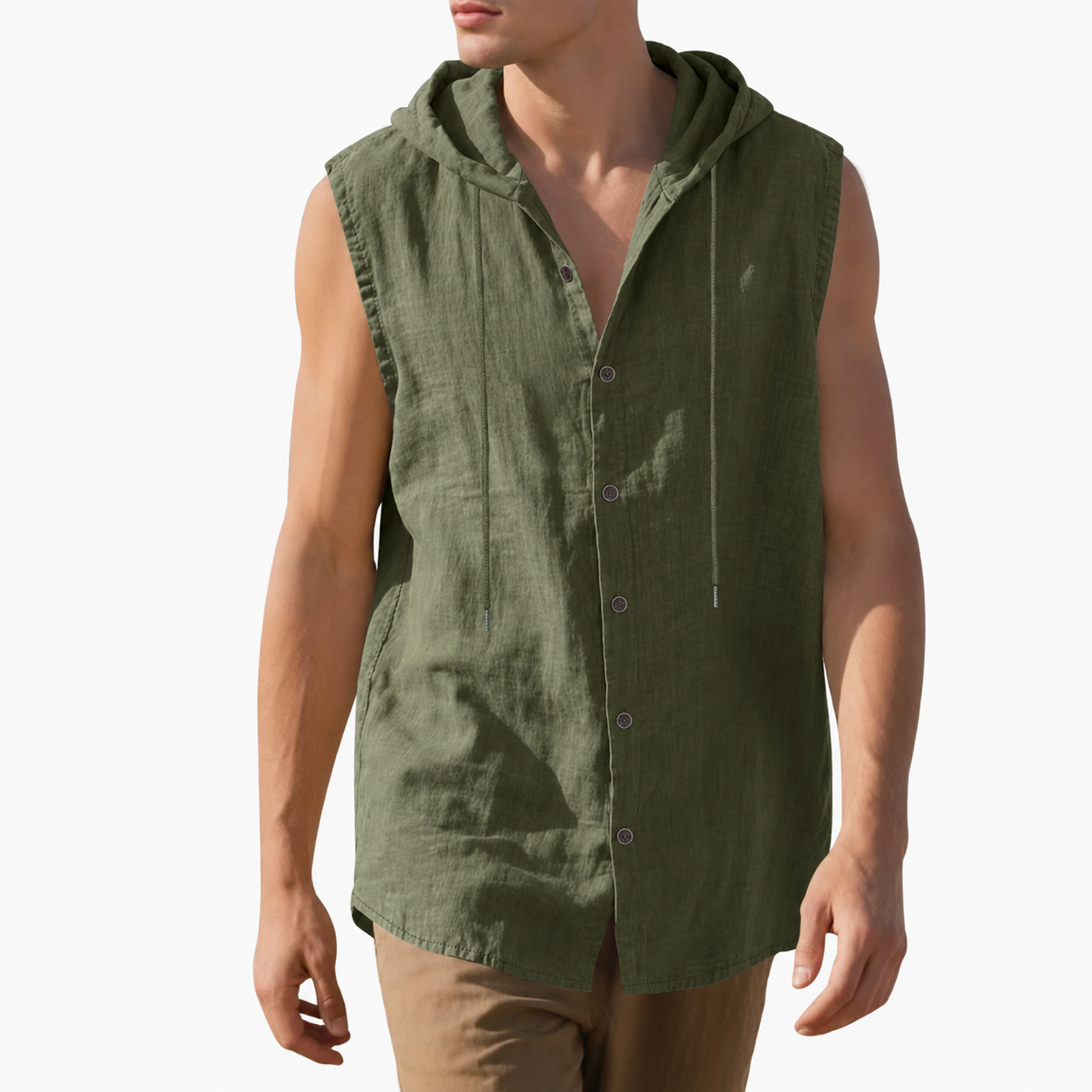 Olive green men's sleeveless hooded button-up shirt