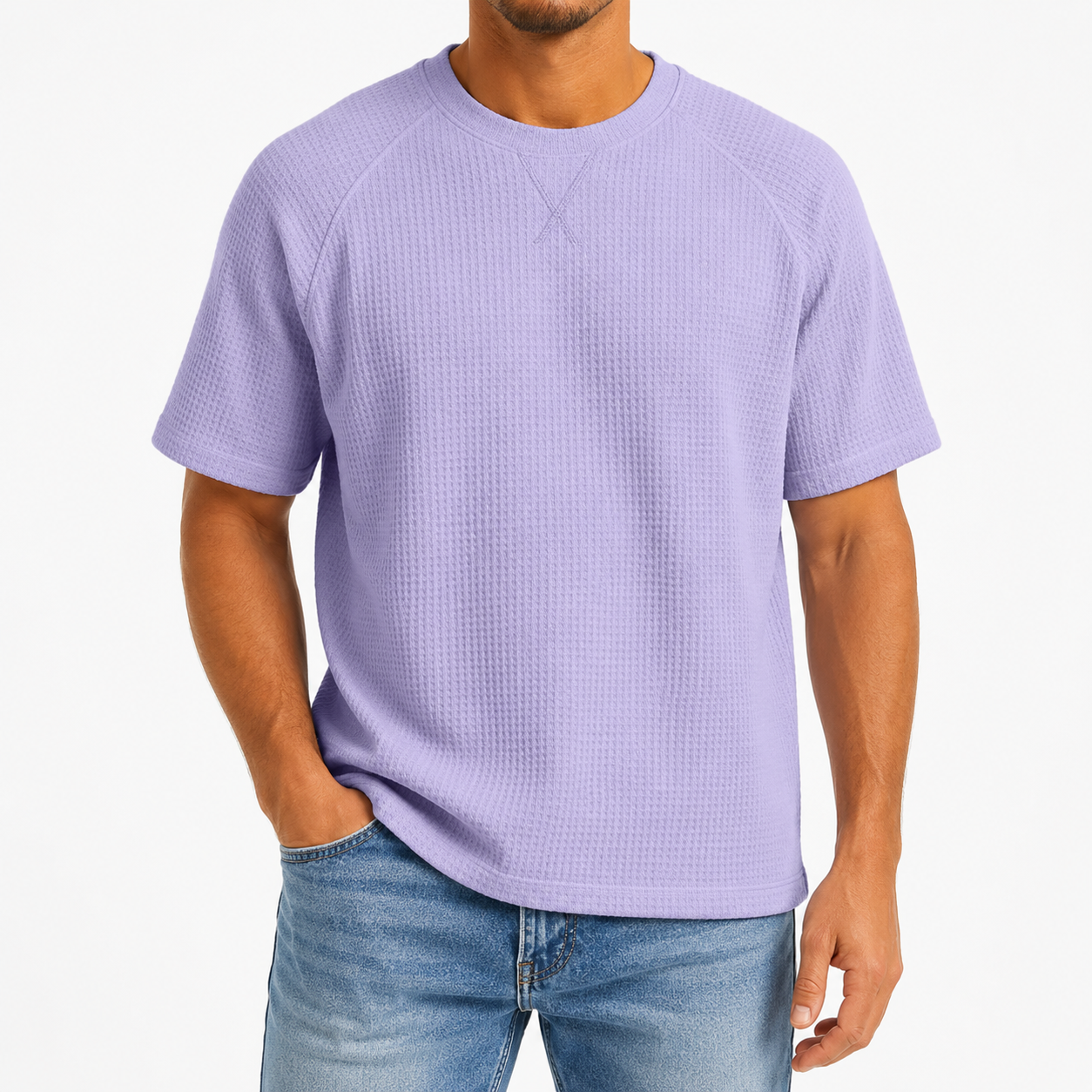 Lavender men's waffle-knit crewneck short sleeve T-shirt front view