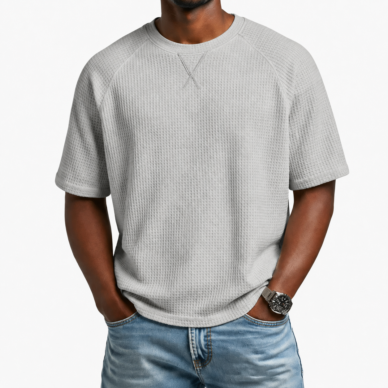 Heather Gray men's waffle-knit crewneck short sleeve T-shirt