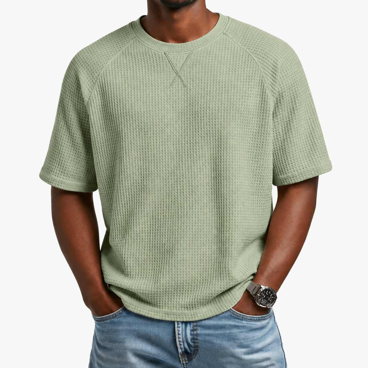 Sage Green men's waffle-knit crewneck short sleeve T-shirt