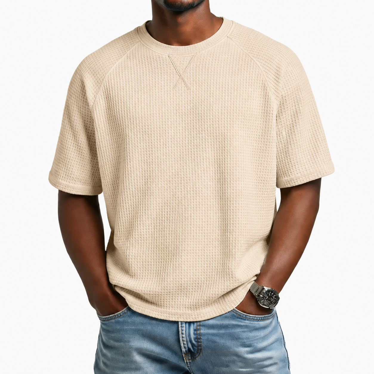 Sand Beige men's waffle-knit crewneck short sleeve T-shirt