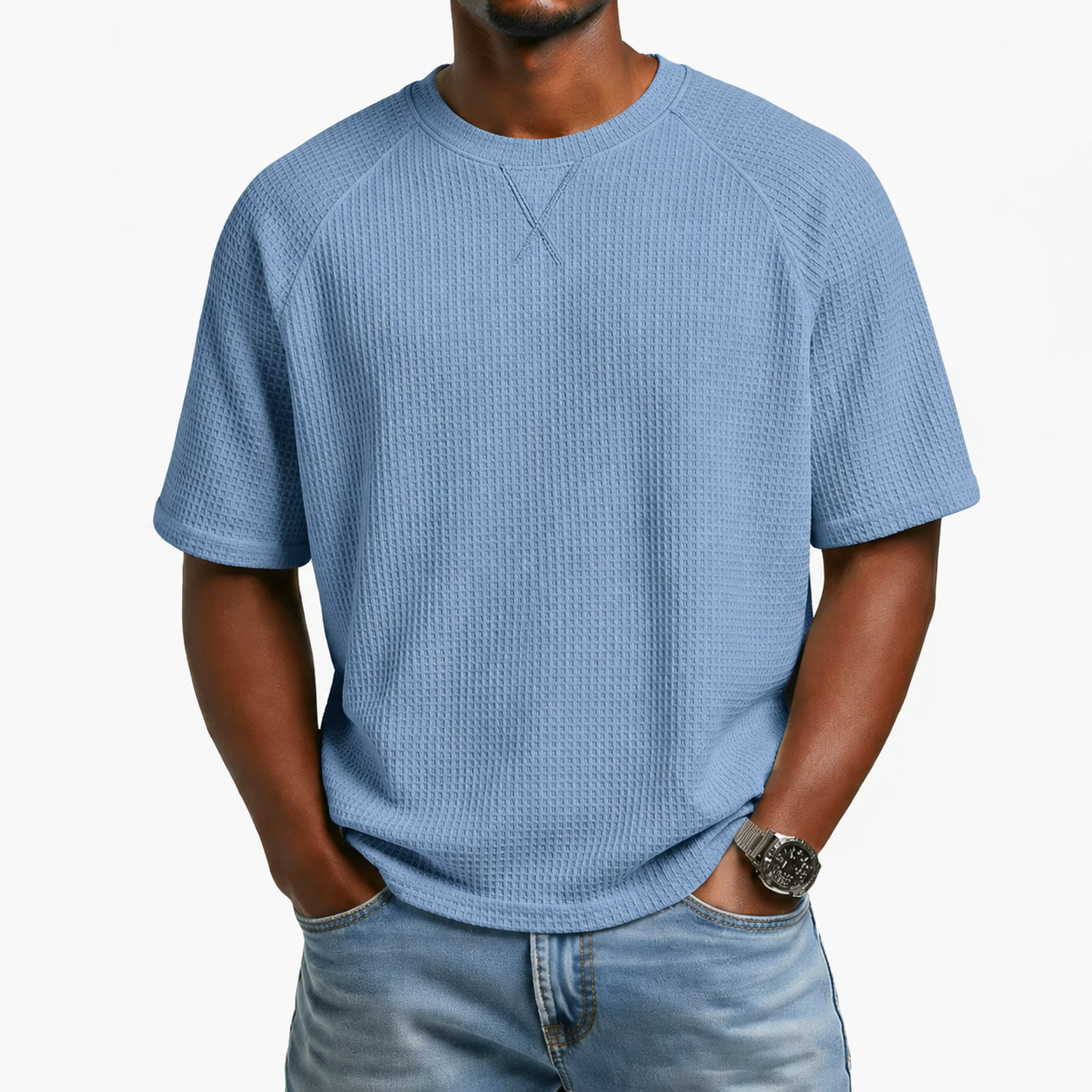 Dusty Blue men's waffle-knit crewneck short sleeve T-shirt