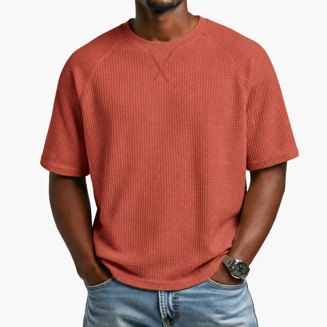 Brick Red men's waffle-knit crewneck short sleeve T-shirt