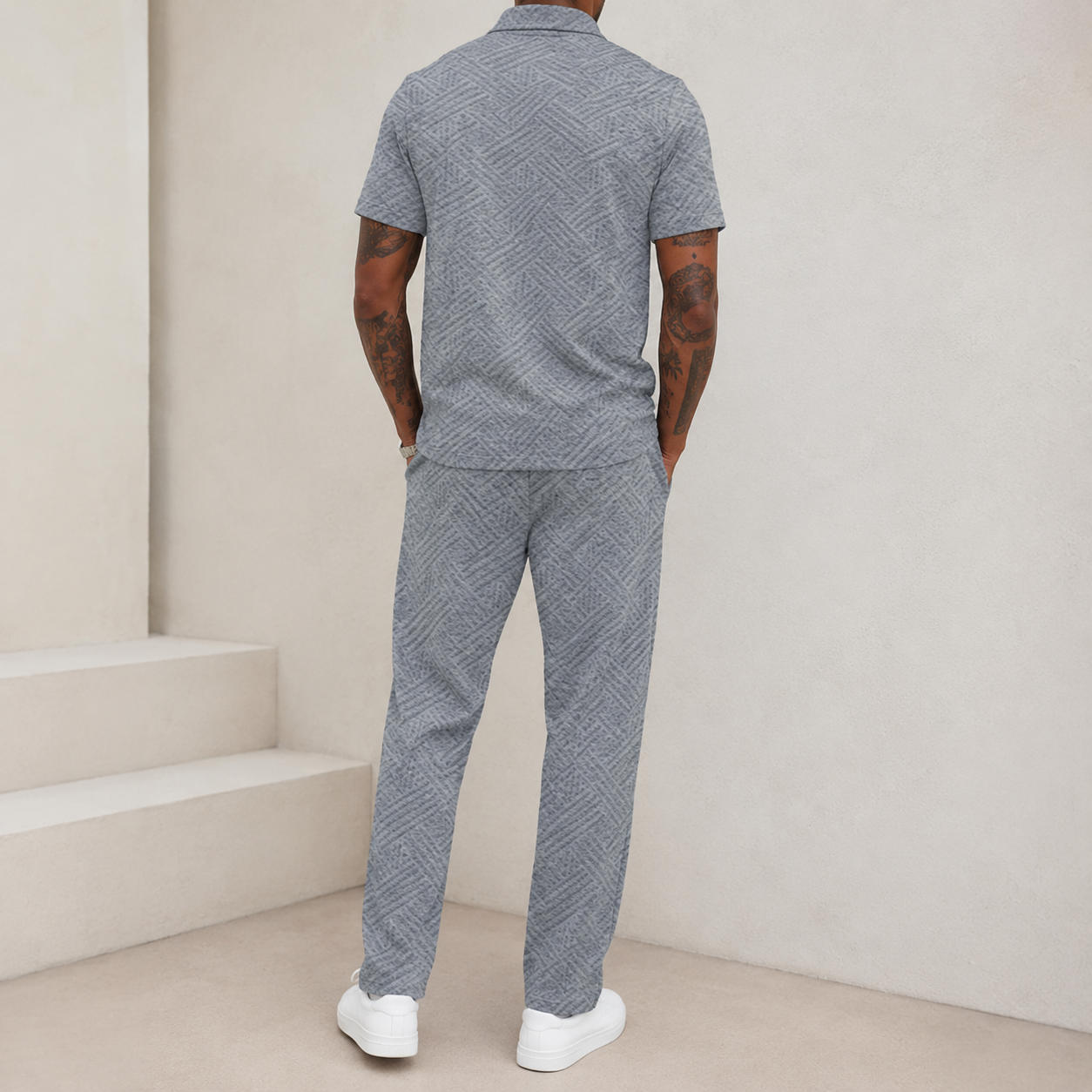 Heather Gray men's textured half-zip polo and pants set back view