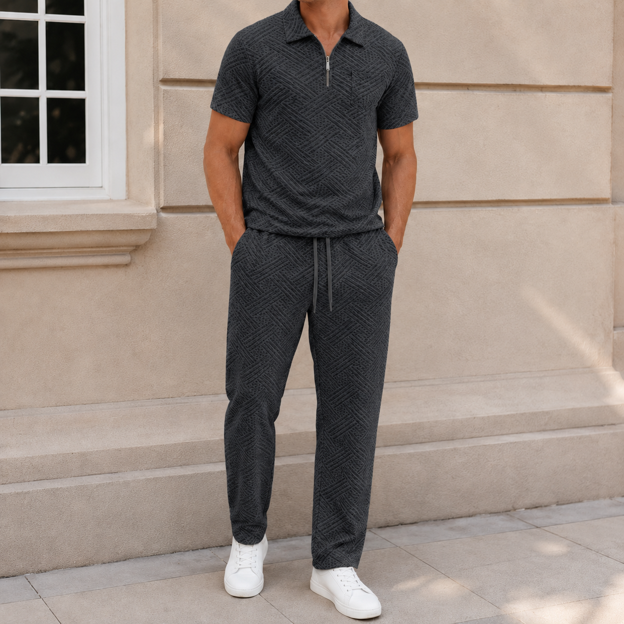 Charcoal Gray men's textured half-zip polo and pants set