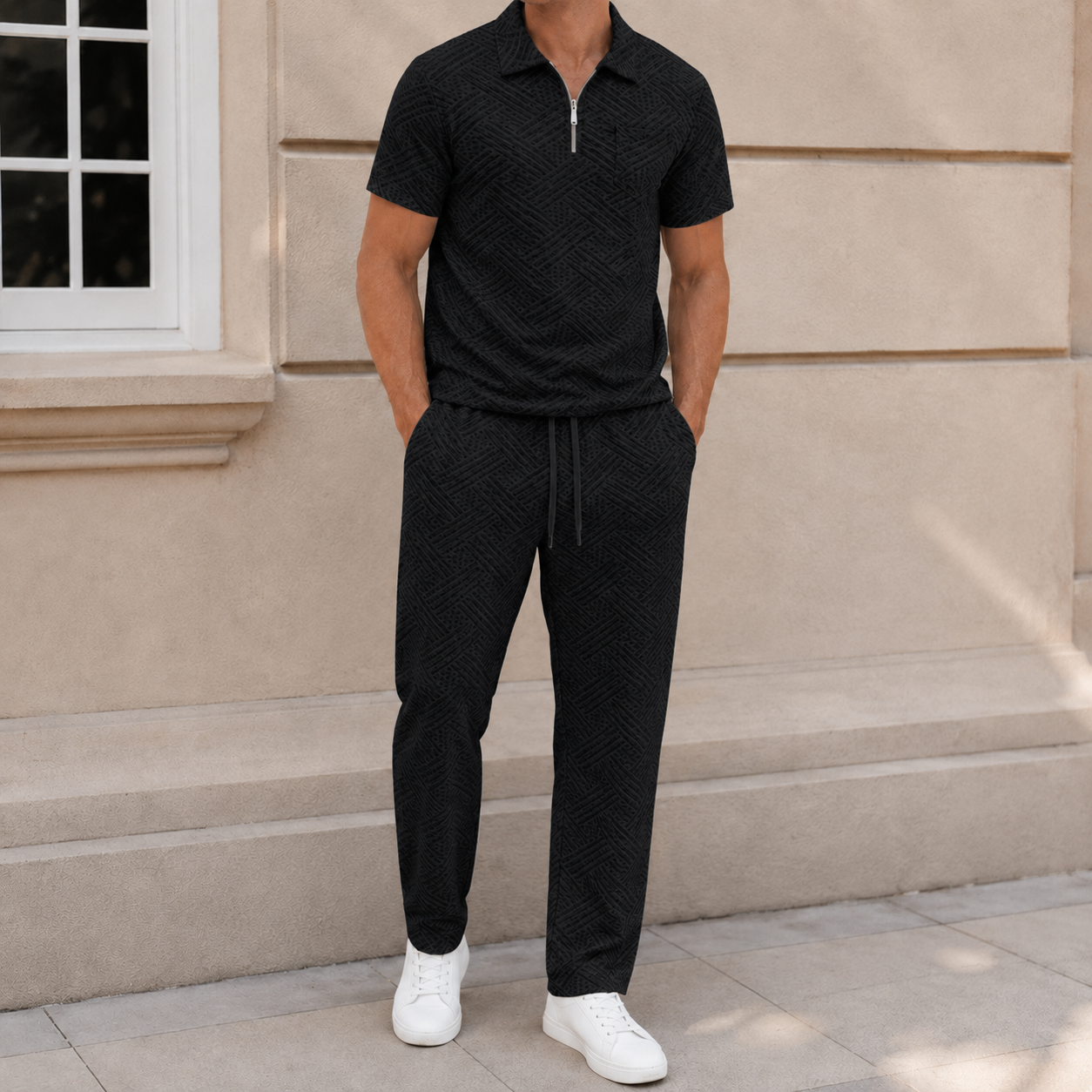 Black men's textured half-zip polo and pants set