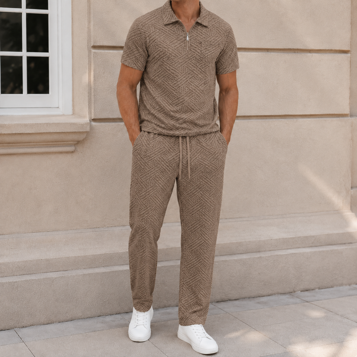 Taupe Brown men's textured half-zip polo and pants set