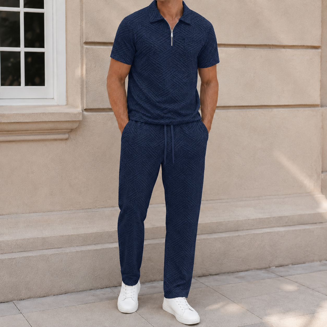 Navy Blue men's textured half-zip polo and pants set