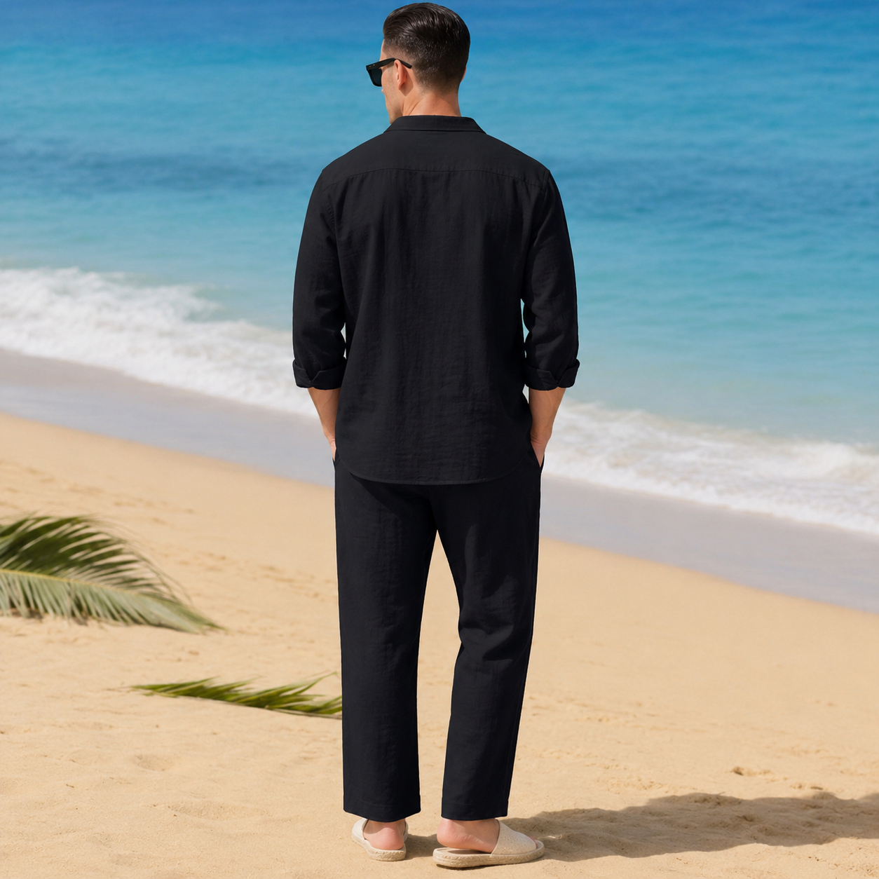 Jet Black men's textured resort shirt and pants set back view